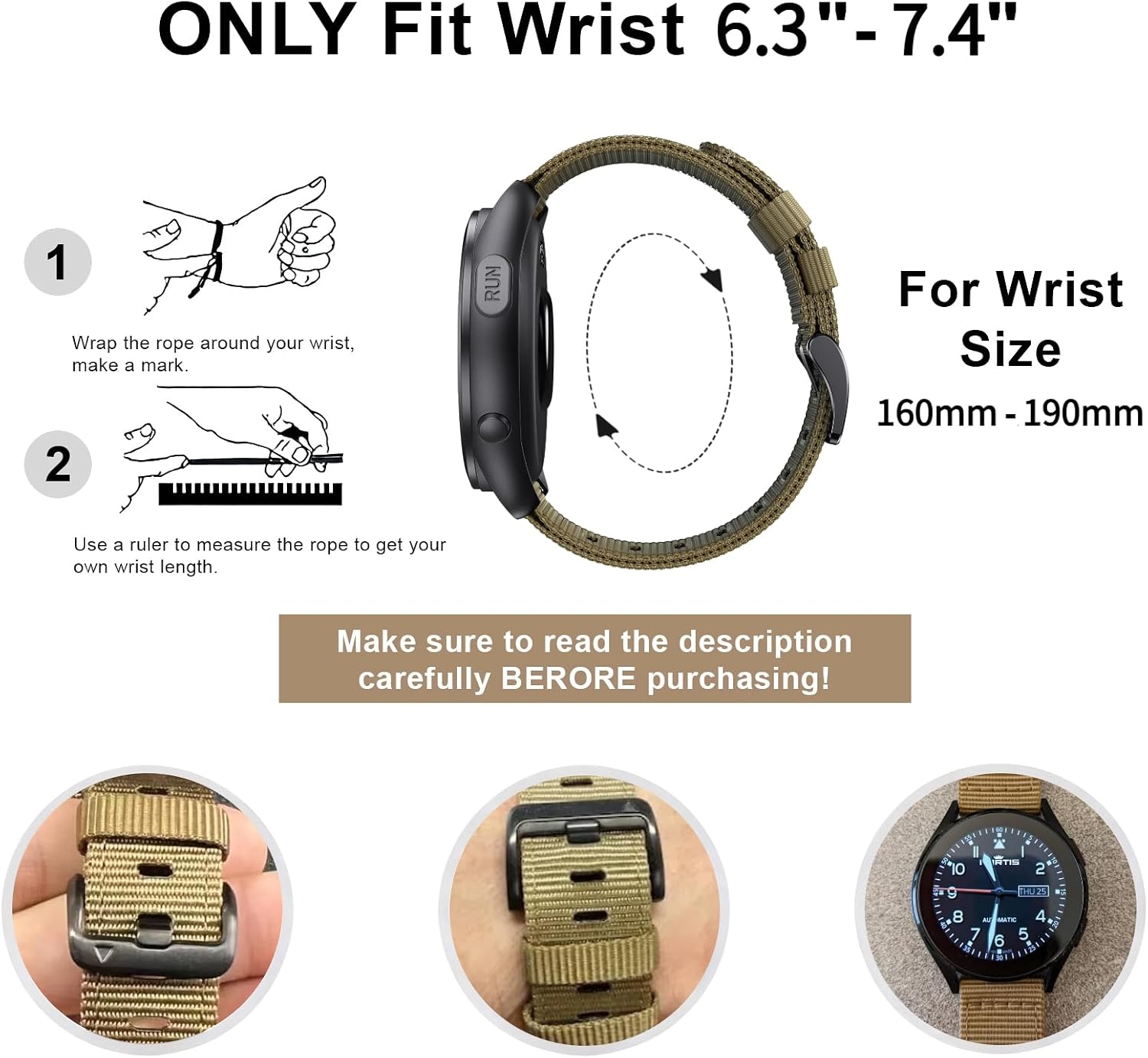 Detalle de EKINGEEK 20mm Quick Release Nylon Watch Strap for Garmin Vivoactive 5/6 & Forerunner 55/165/255 (Black)