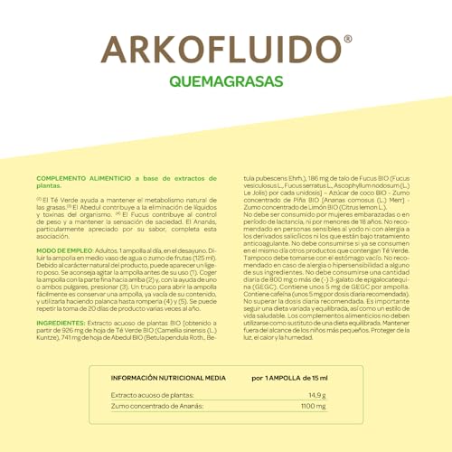 Detalle 2 de Arkopharma Arkofluido Quemagrasa Bio 20 Ampollas: control de peso y saciedad con extracción UltraExtract