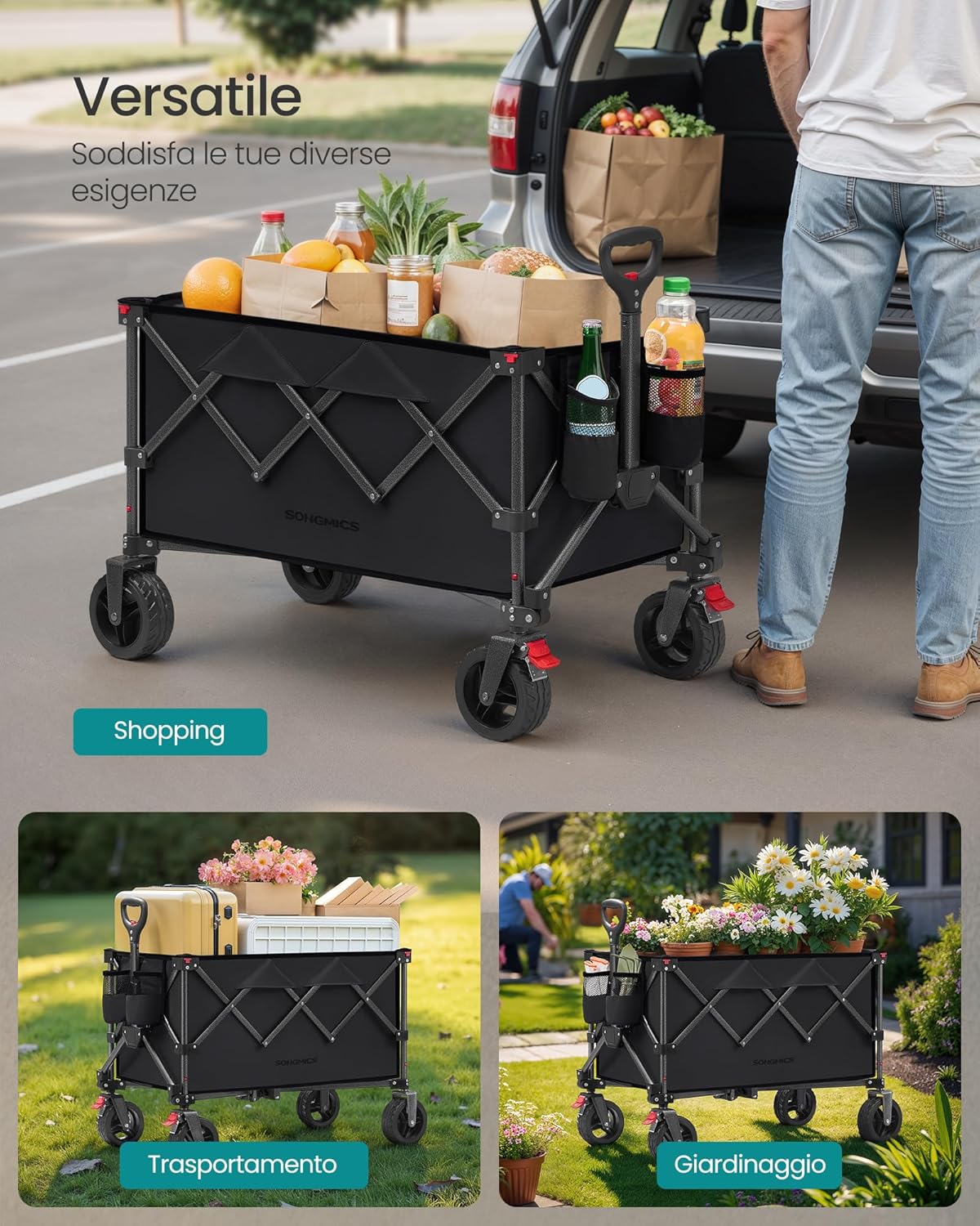 Thumbnail 6 de SONGMICS Carrello da Campeggio Pieghevole GFW115B01 – Carretto da Giardino 150 L, Portante 150 kg, 4 Ruote Rimovibili