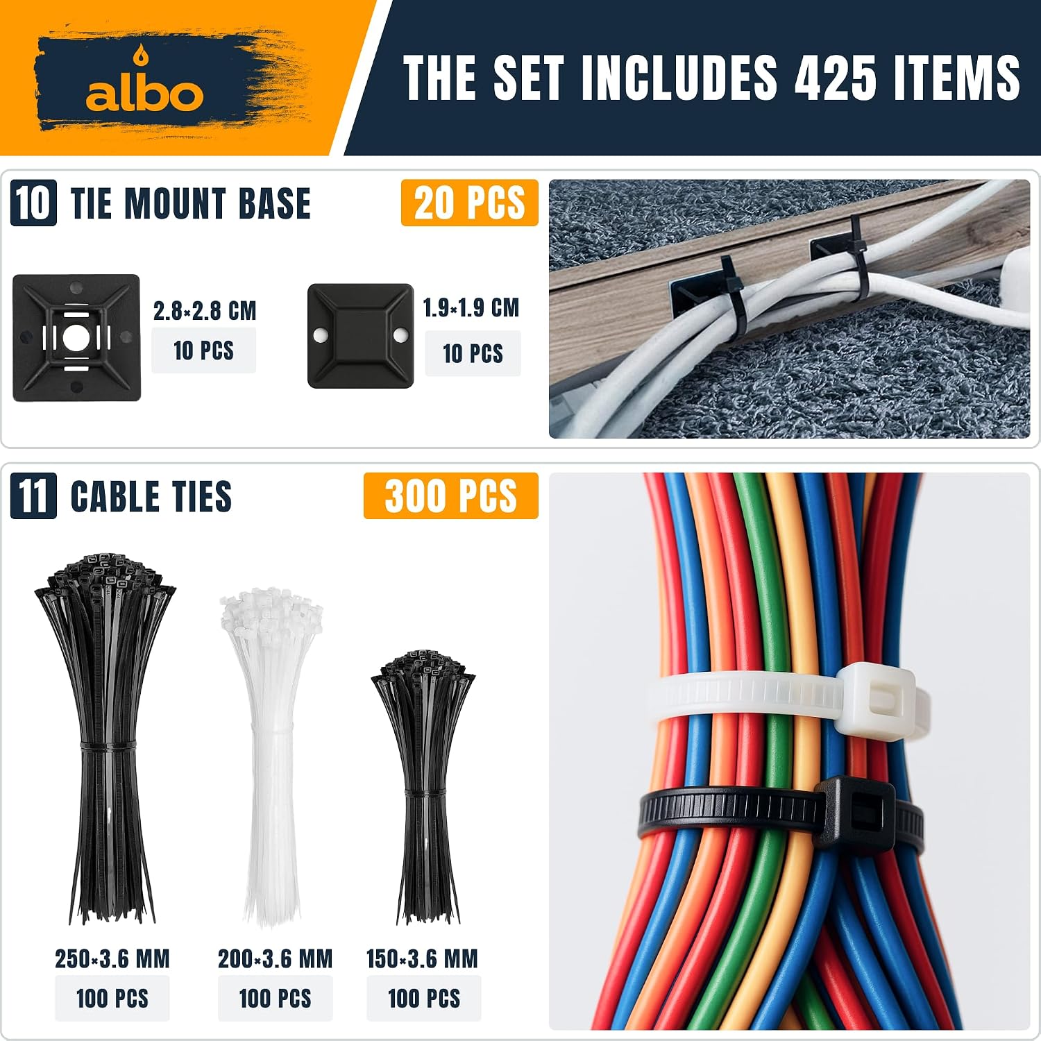 Thumbnail 4 de Albo CableManagement425mn Cable Management Kit, 425-Piece Black Set