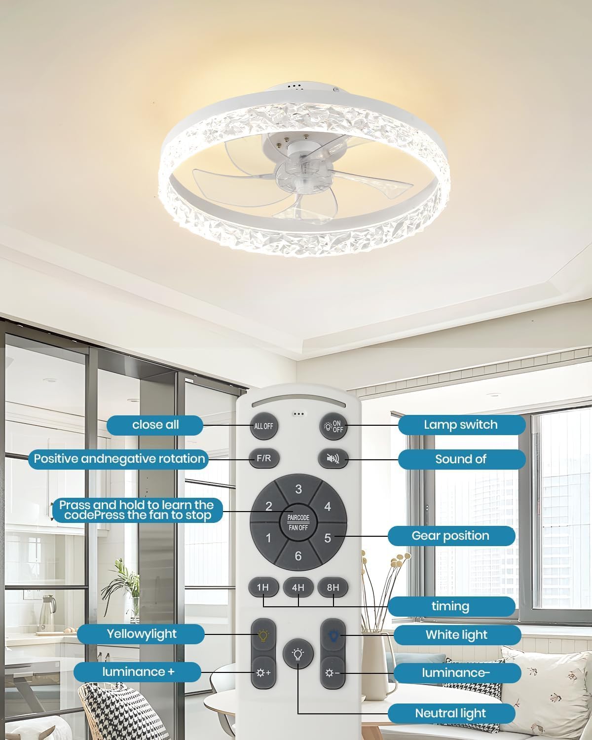 Thumbnail 5 de Modern ceiling fan with light, 30" low profile flush mount fandelier with remote & app control