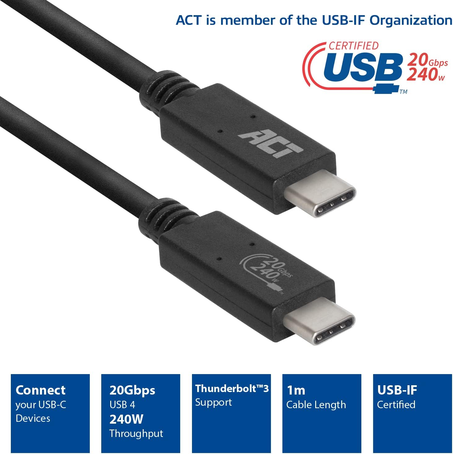 Thumbnail 1 de ACT USB4/Thunderbolt 3 Kabel Type C AC7431 (1 m) für 5K bis 60 Hz, Dual-4K@60 Hz, bis 20 Gbps & bis 240 W Laden