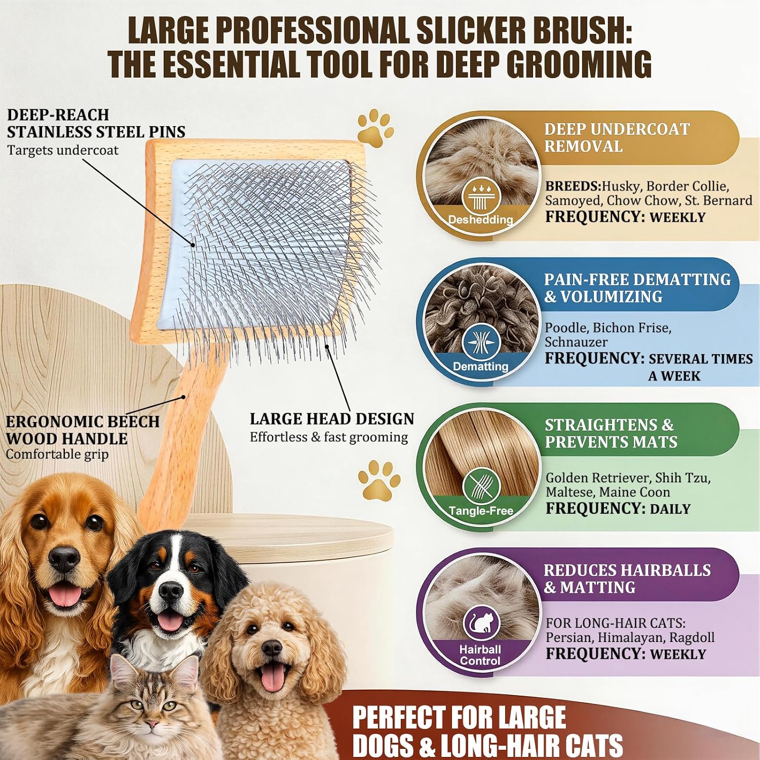 Detalle de COZYGIFT Dog Slicker Brush for Dogs – Long-Hair Doodle Brush with 2‑in‑1 Detangling Comb