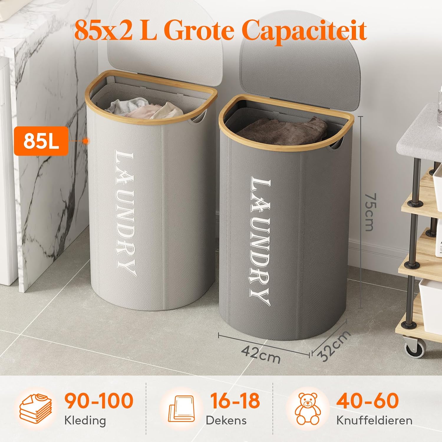 Detalle 2 de Lifewit 24302 wasmandenset 170 liter met deksel en uitneembare waszakken