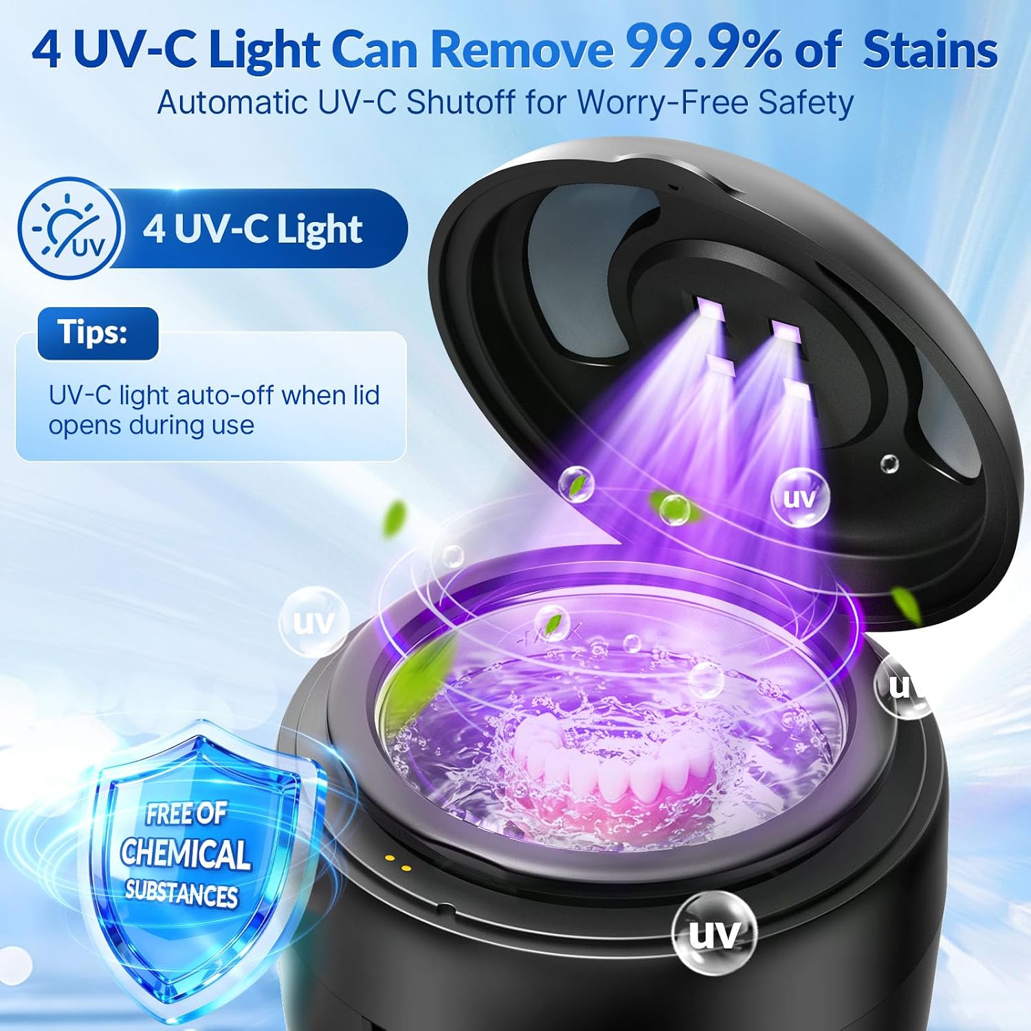 Thumbnail 2 de Ultrasonic Retainer Cleaner with 45kHz Cleaning, 4 UV-C Lamps and Removable Tank