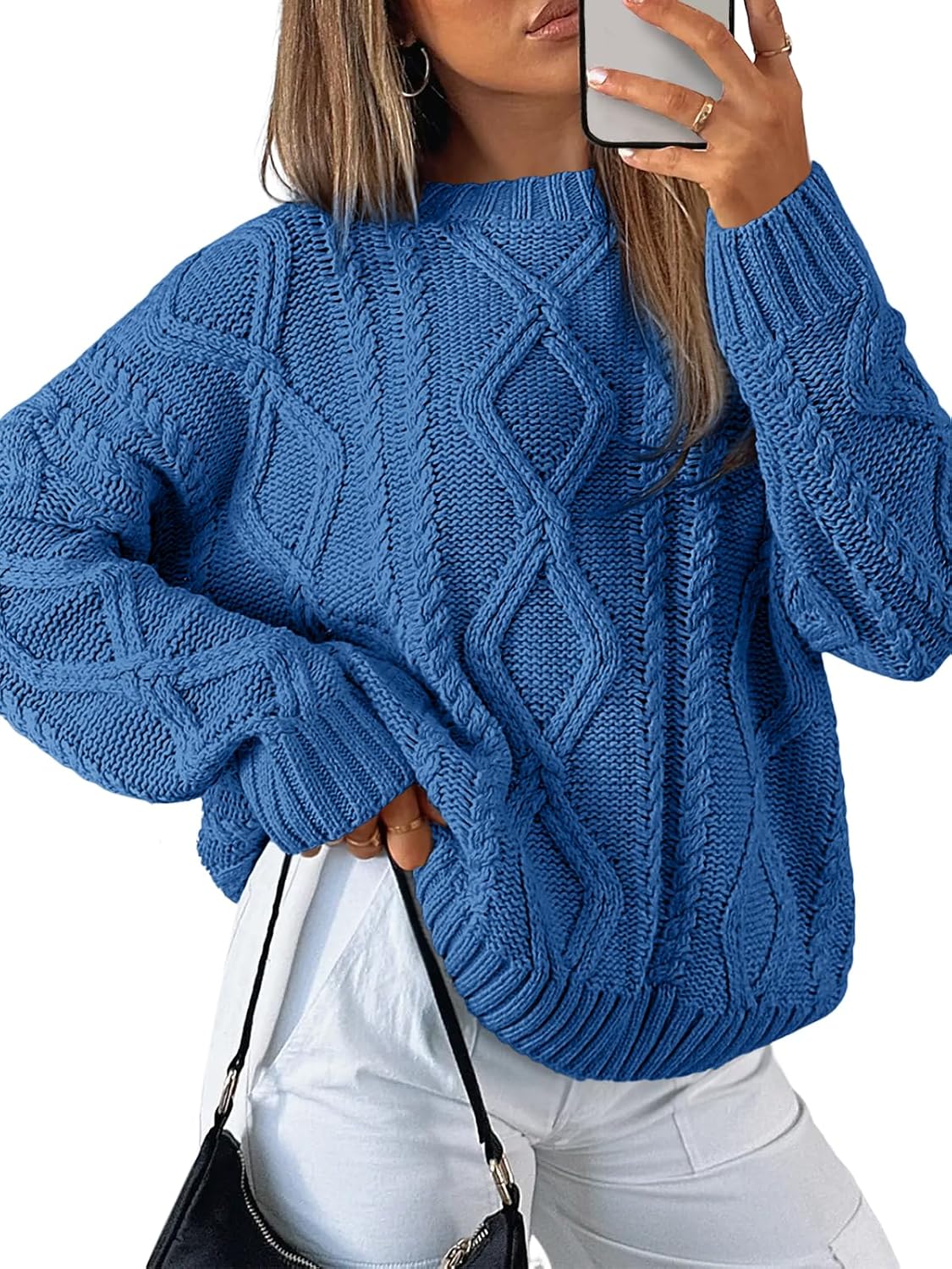 Detalle de Trendy Queen Oversized Cable Knit Round-Neck Sweater