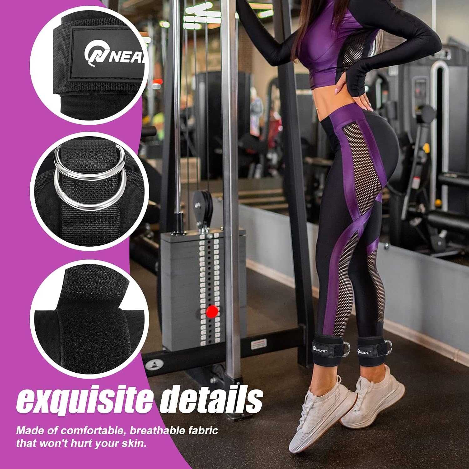 Detalle 2 de NEALFIT Ankle Strap for Cable Machine, 7mm Neoprene, Adjustable Hook-and-Loop