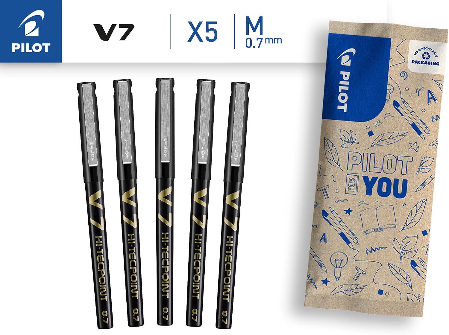 Thumbnail 1 de PILOT V7 Hi-Tecpoint Liquid Ink Rollerball Pen – Medium 0.7mm, 5 x Black