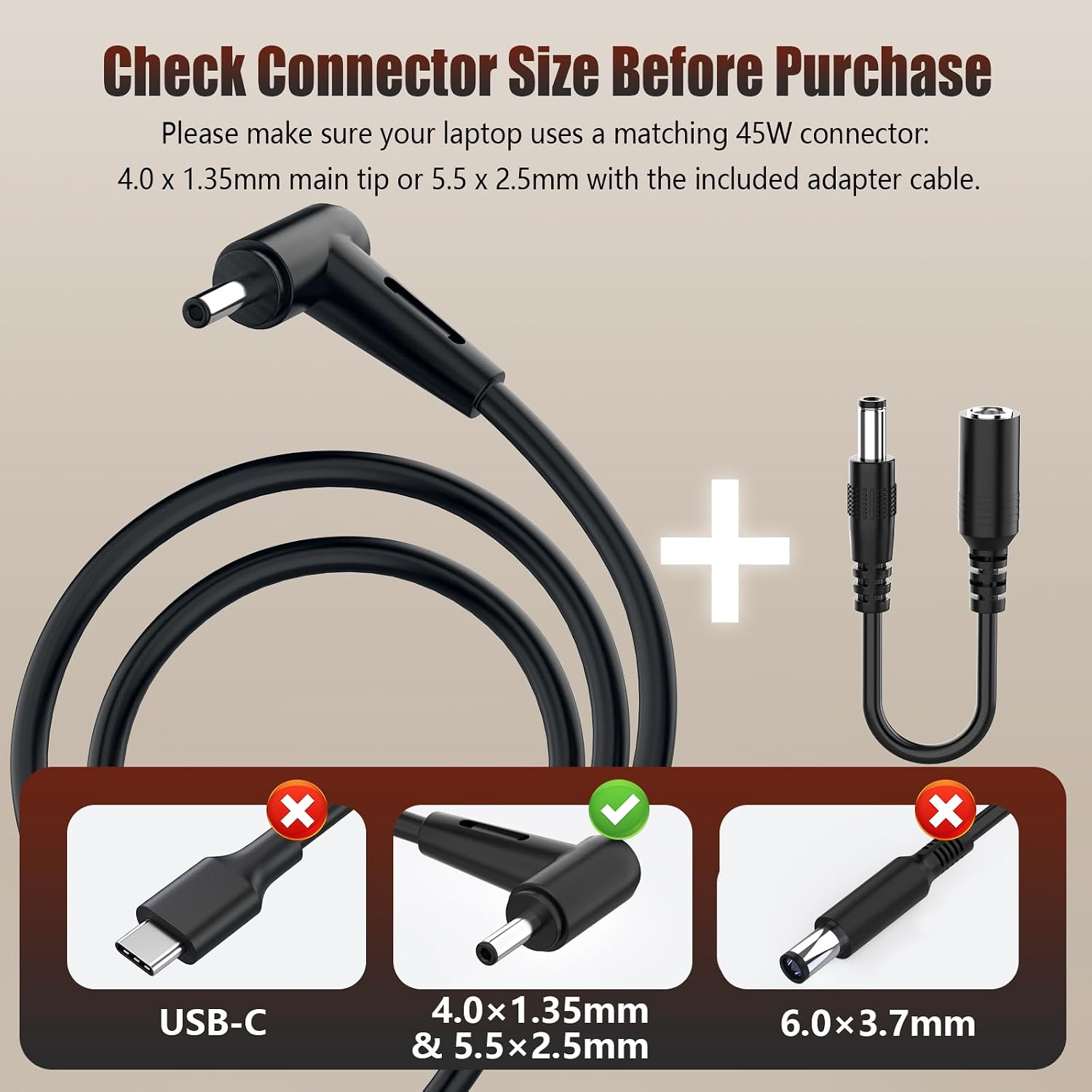 Detalle de 45W ASUS Laptop Charger for UK use – 19V 2.37A (4.0 x 1.35mm) with 5.5 x 2.5mm adapter, 3‑pin plug