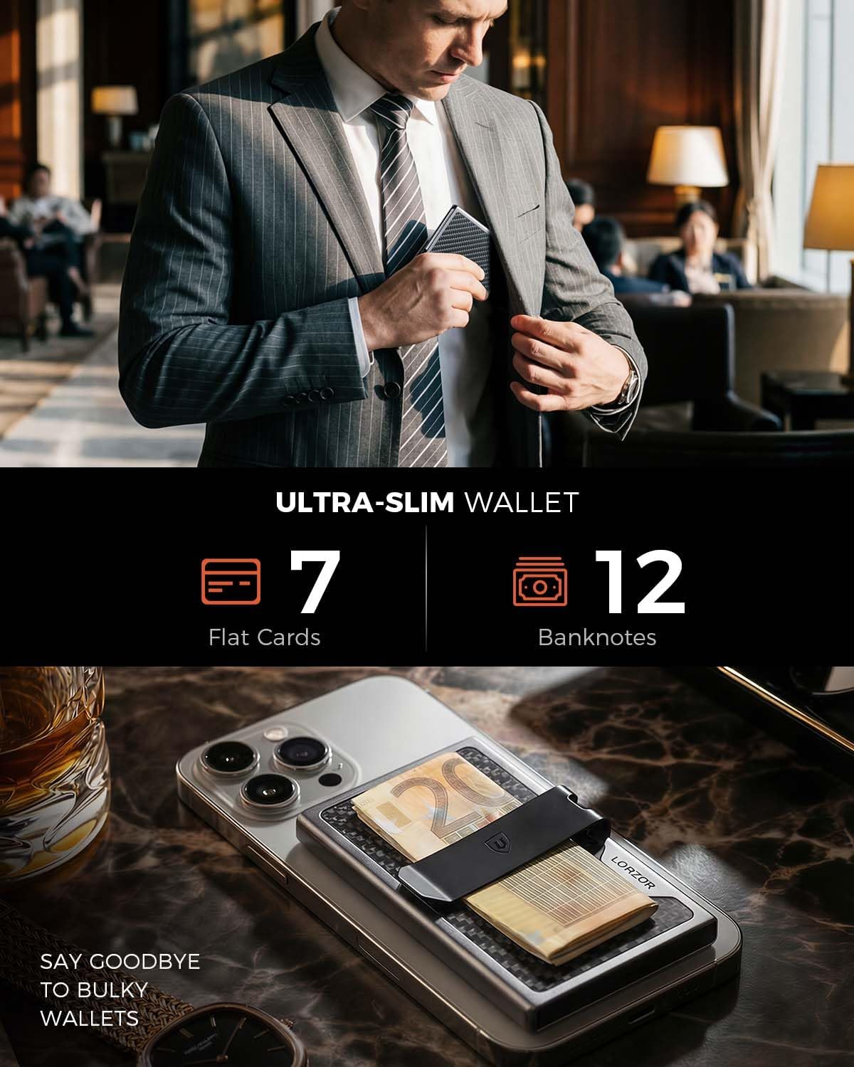 Thumbnail 4 de LORZOR Minimalist Slim Wallet with Removable Money Clip (Military-Grade Carbon Fibre) – RFID Blocking Card Holder