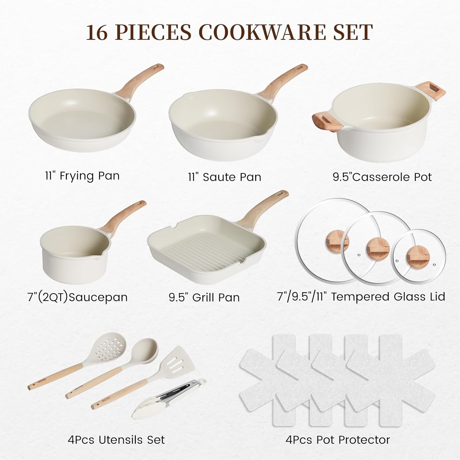 Thumbnail 2 de Kikcoin 16Pcs Ceramic Nonstick Pots & Pans Set with 9.5" Grill Pan (PTFE/PFOS/PFOA Free), Stackable White Set