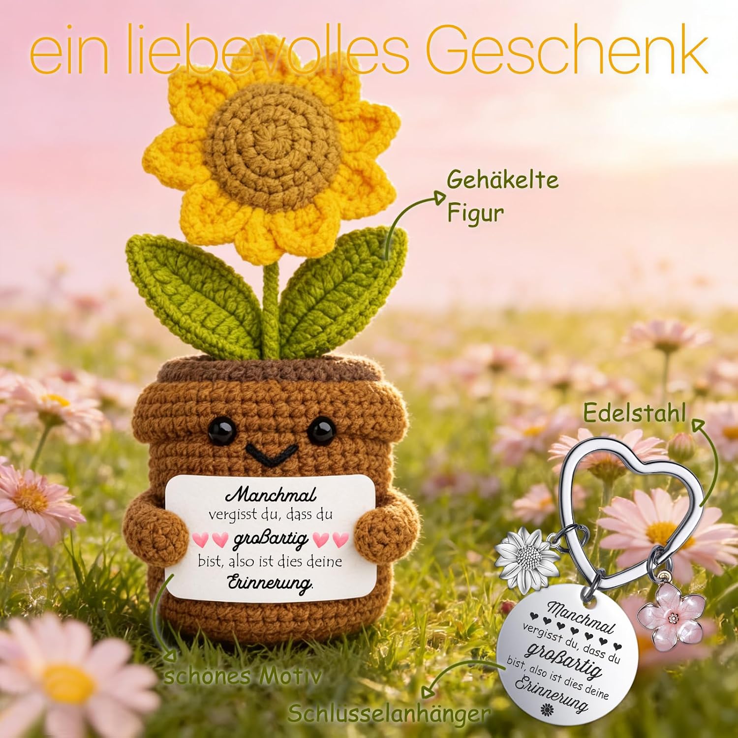 Thumbnail 1 de Farbeele Positiver Sonnenblumen & Glücksbringer-Schlüsselanhänger Set – Pocket Hug als Geburtstagsgeschenk