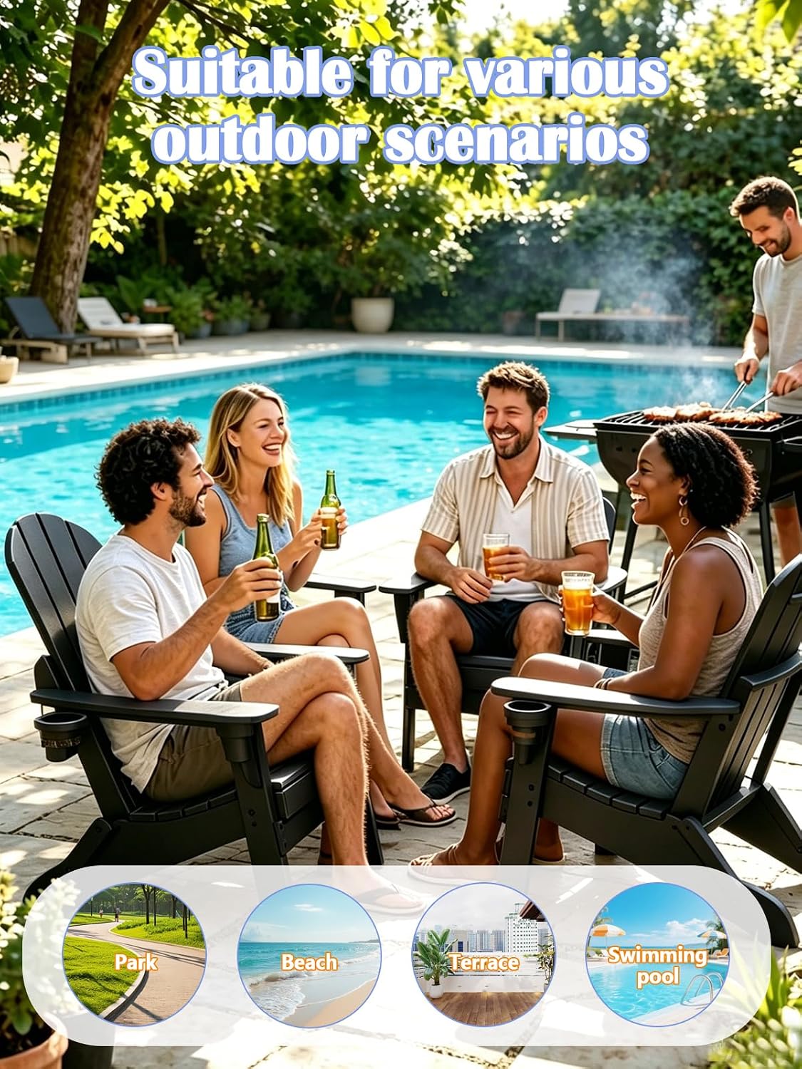 Detalle de UCMDA HBY-502 Folding Adirondack Chair, Black HDPE with Cup Holder