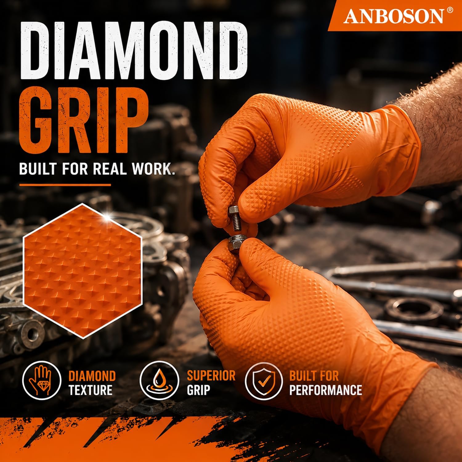Thumbnail 3 de ANBOSON Abc-dg01 Heavy-Duty Nitrile Gloves, XL, 10 Mil, Diamond Texture