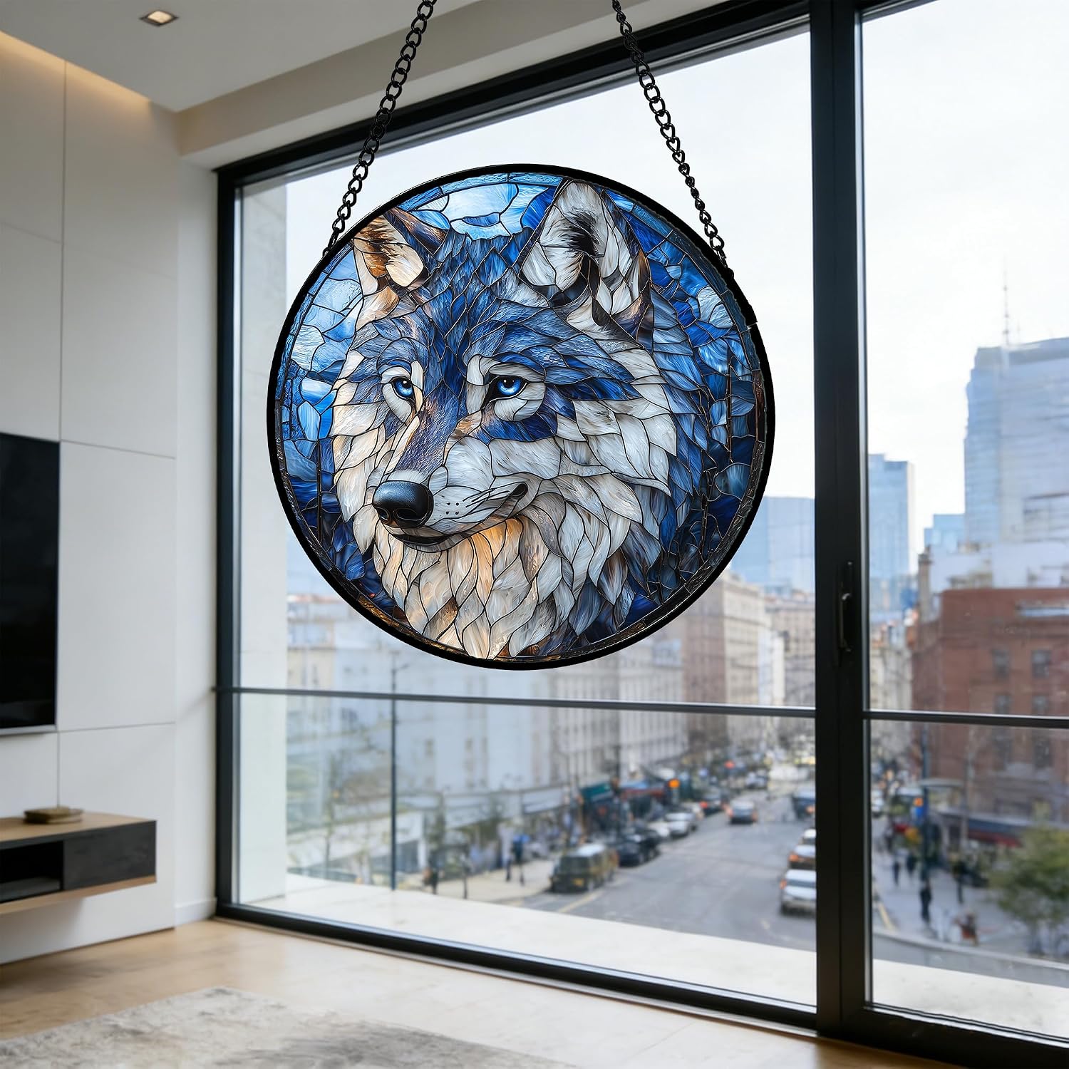 Thumbnail 5 de DASTOLL Blue Wolf Stained Glass Suncatcher, 9.8-Inch Blue and White Glass