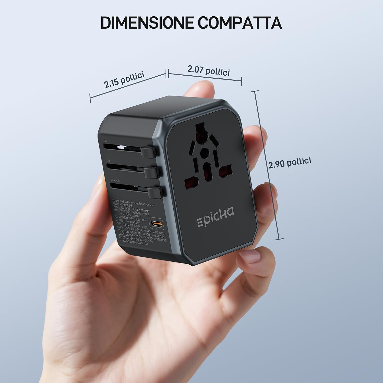 Detalle de Epicka Adattatore da Viaggio Universale PD Fast Charge 45W: 6-in-1 con 3 USB-C e 2 USB-A