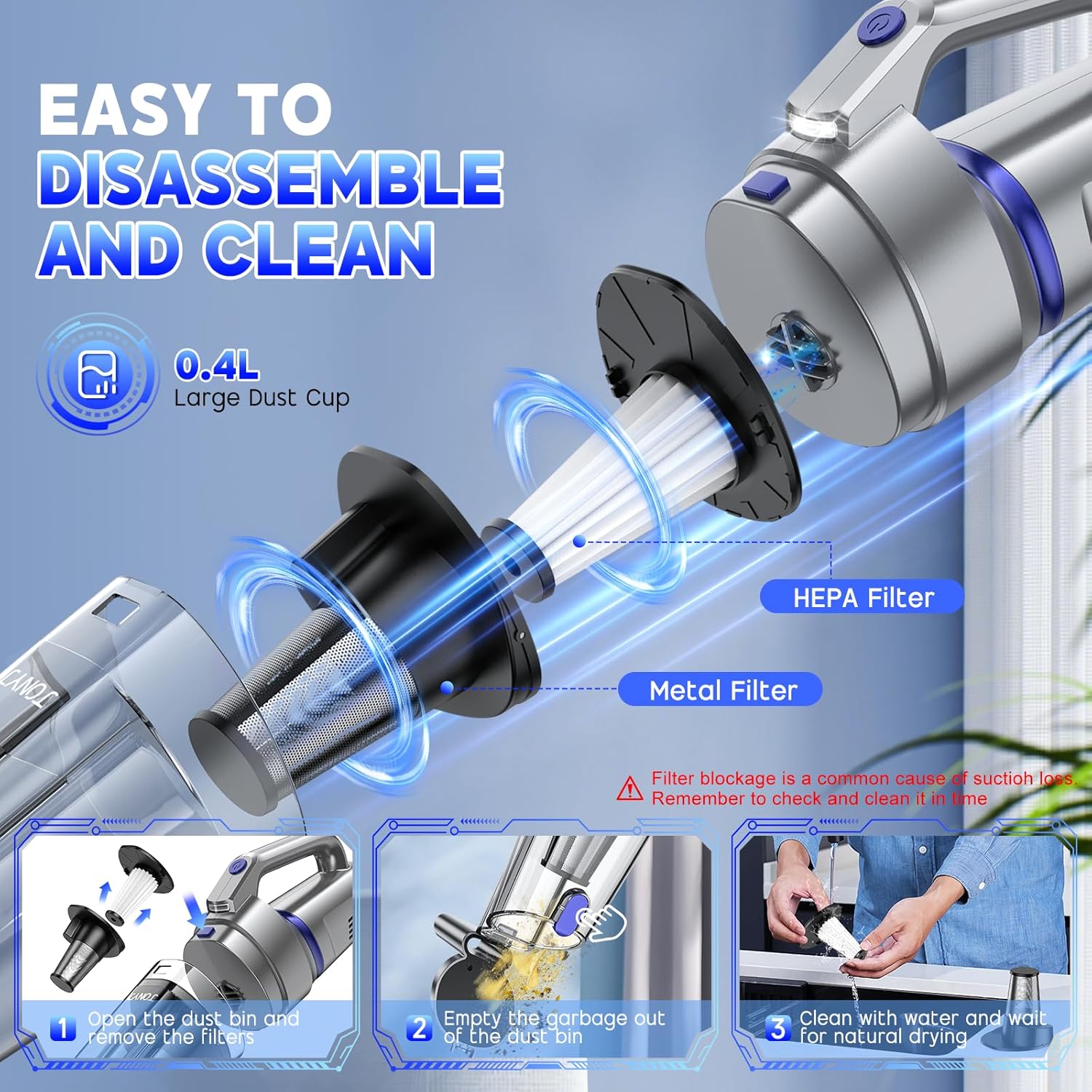 Thumbnail 4 de JONYJ Handheld Cordless Vacuum: 16000PA Power for Home, Car, and Office