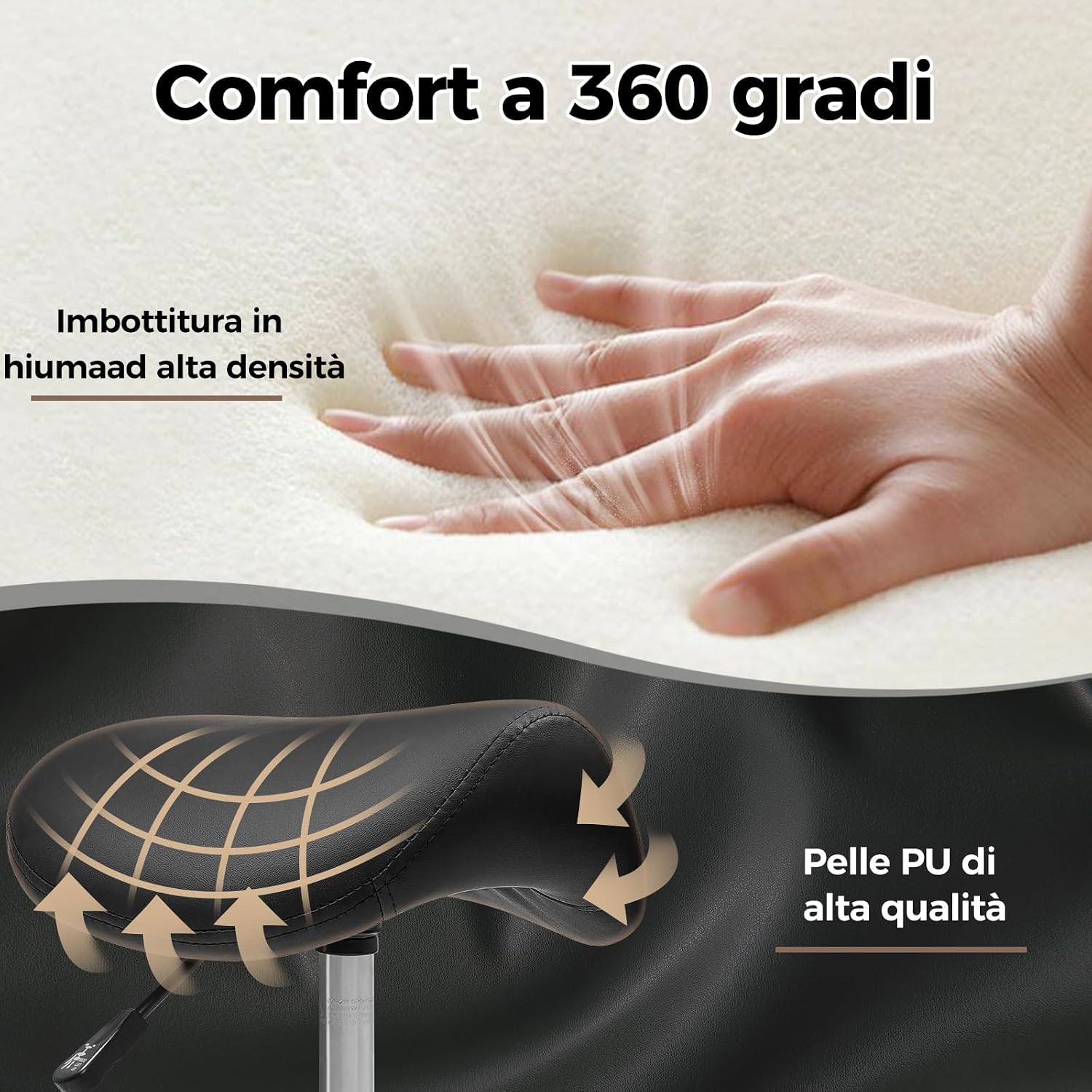 Thumbnail 5 de BEWISHOME Sgabello a Sella Ergonomico con Ruote – Regolazione idraulica 55–68 cm, seduta ampia in PU e capacità 200 kg