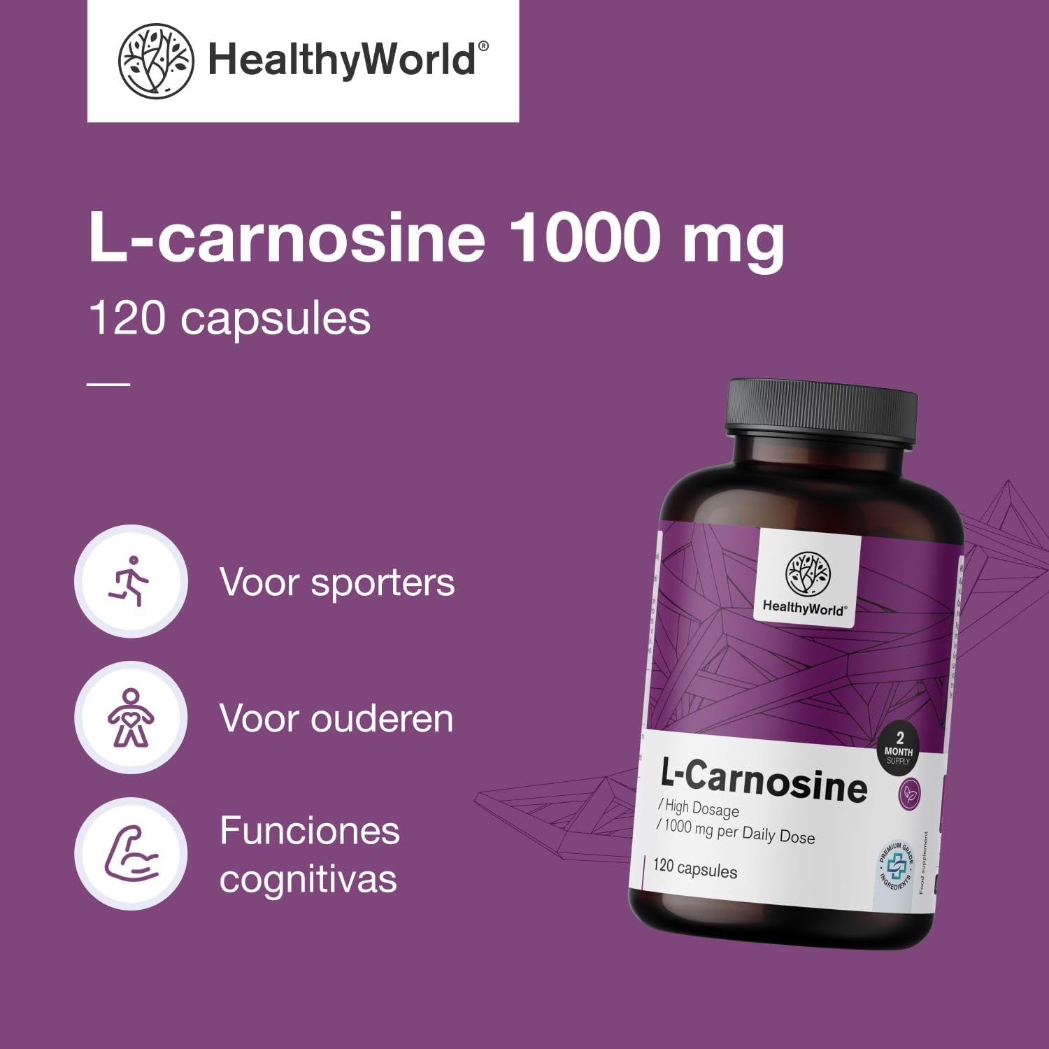 Detalle 2 de HealthyWorld L-Carnosine 1.000 mg, 120 plantaardige capsules