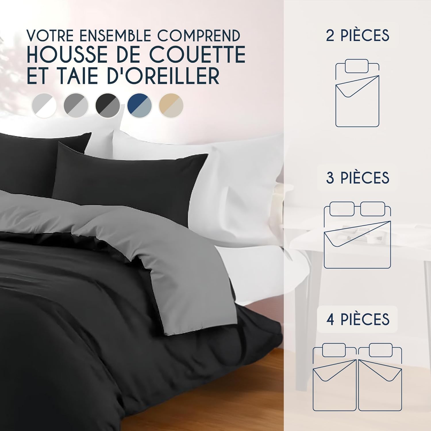 Thumbnail 5 de Dreamzie Parure de lit 200x200 en microfibre noire/gris foncé (housse de couette + 2 taies 65x65) 3 pièces