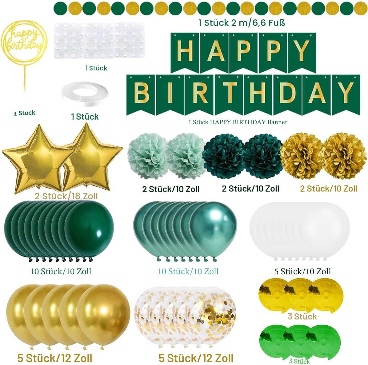 Detalle de Geburtstagsdeko Retro Grün Gold Set mit Luftballons, Happy Birthday-Banner & Papiergirlande (55-teilig)