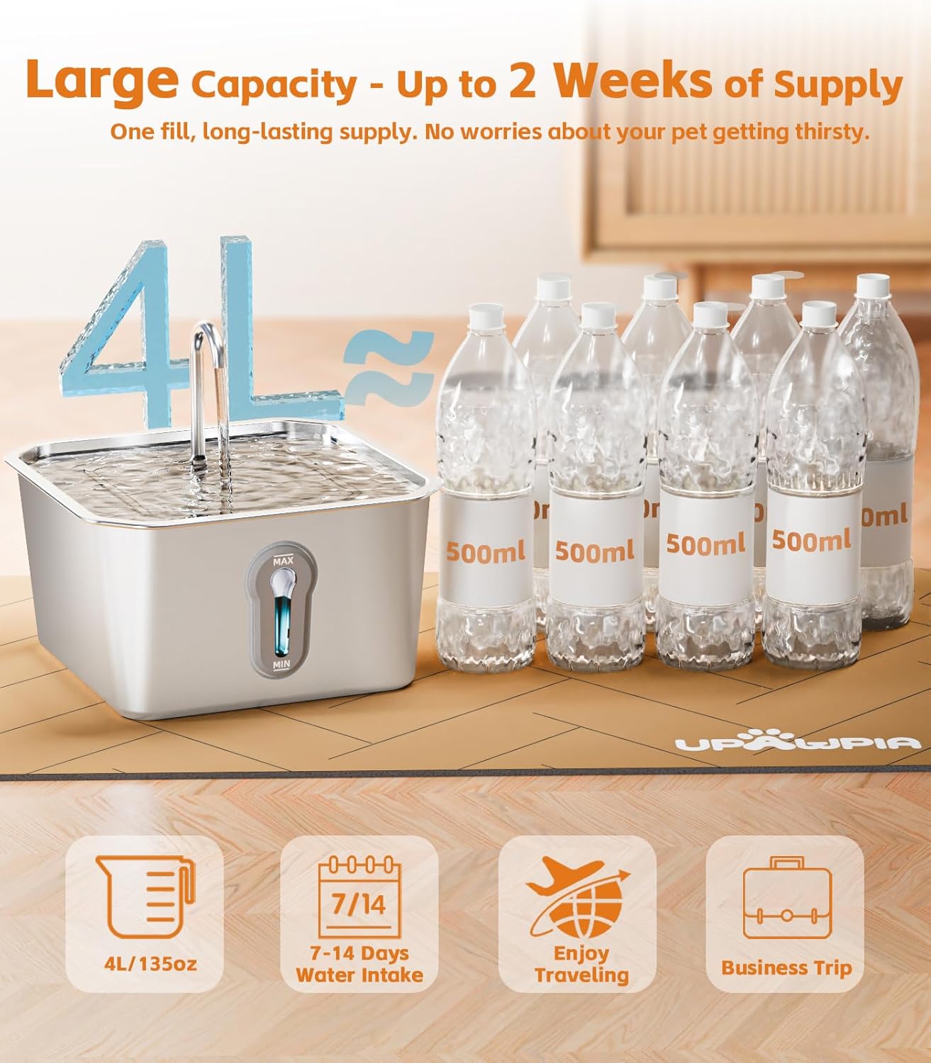 Thumbnail 3 de UPAWPIA 4L Stainless Steel Automatic Pet Water Fountain with 6 Filters (Ultra Quiet, 25 dB)