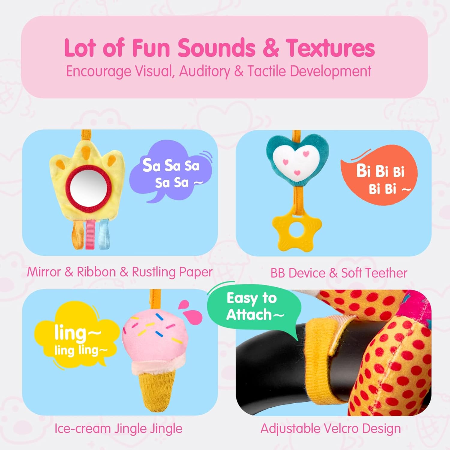 Thumbnail 2 de hahaland Car Seat Toys for Babies 0-6 Months Girl: Safe, Detachable, and Stimulating Plush Set