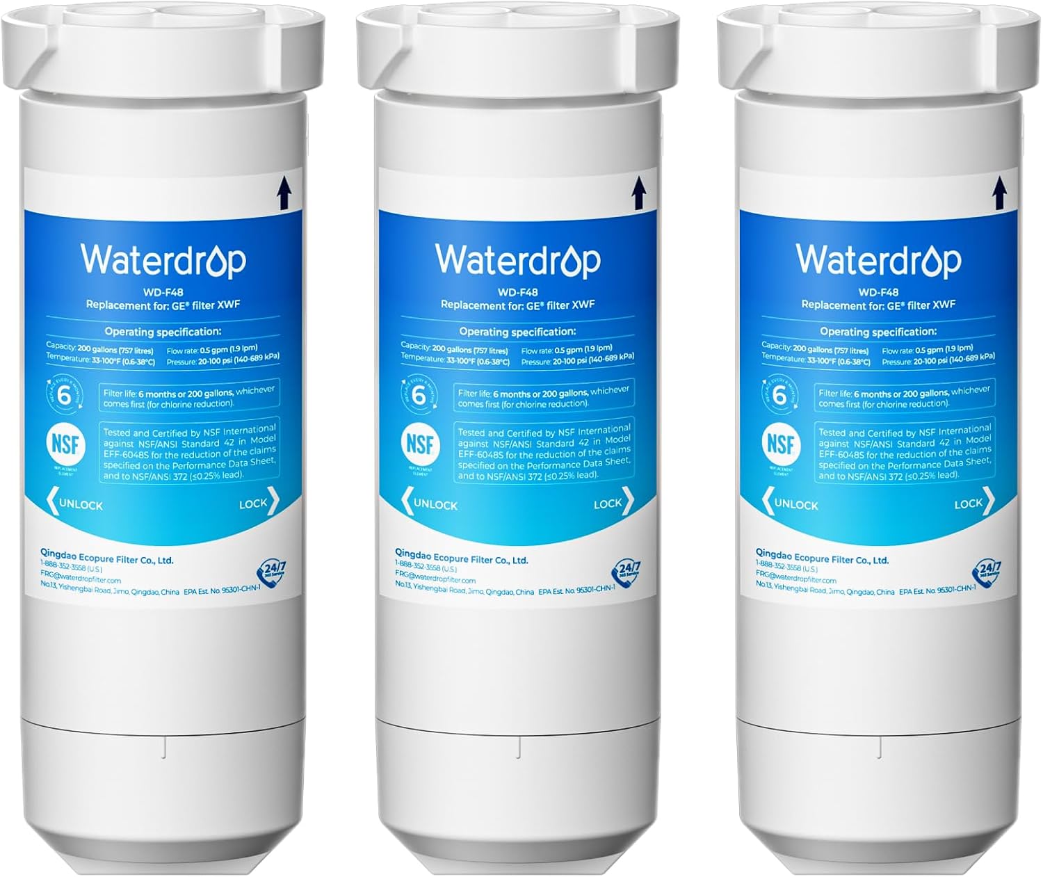 Detalle de Waterdrop WD-F48 XWF Refrigerator Water Filter, 3-Pack, No Chip