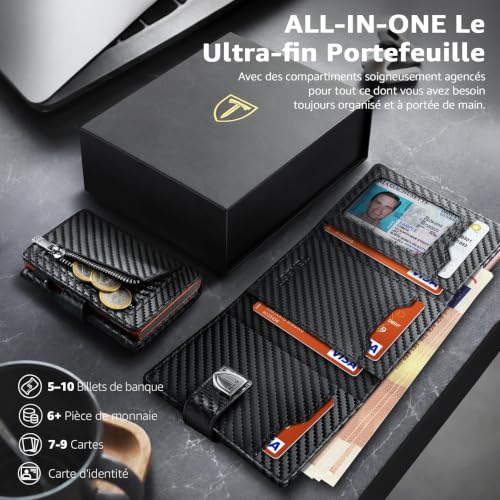 Detalle de TENBST Portefeuille homme ultra-fin en microfibre, blocage RFID, noir et orange