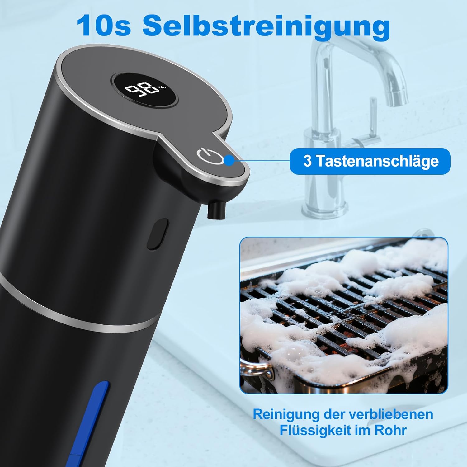 Detalle 2 de Fantictas Seifenspender Automatisch – USB aufladbar, 6-stufige Schaumeinstellung, Display, 380 ml, IPX5, Schwarz