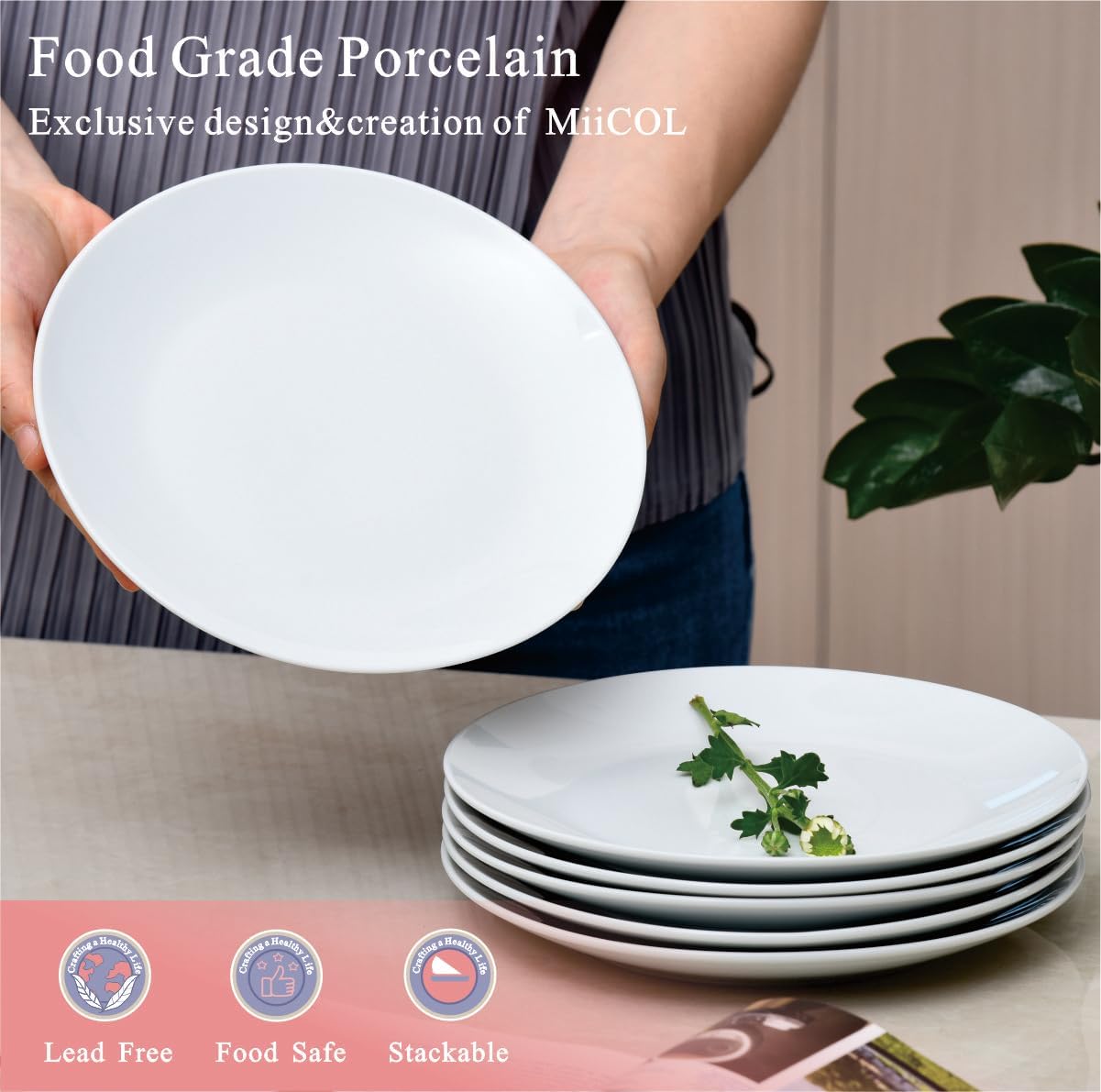 Detalle 2 de Miicol CLPP08 porseleinen saladeborden, 20,3 cm, wit, set van 6