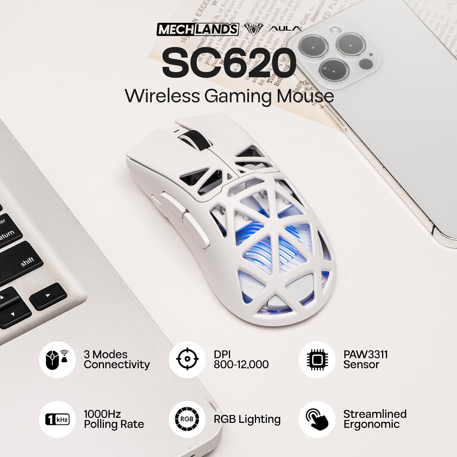 Detalle 2 de MechLands AULA SC620 Wireless Gaming Mouse, 12,000 DPI, PAW3311, RGB