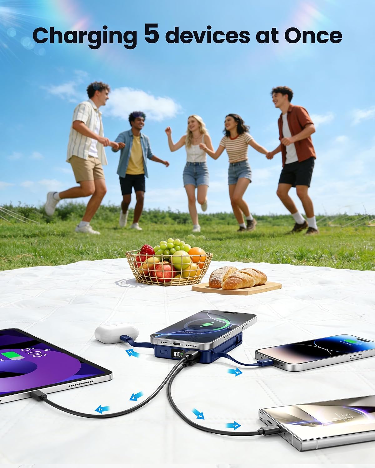 Detalle de PDBEST Magnetic Power Bank with Built-in Cables (10000mAh) – 22.5W Fast Charging, 15W Wireless, LED Display
