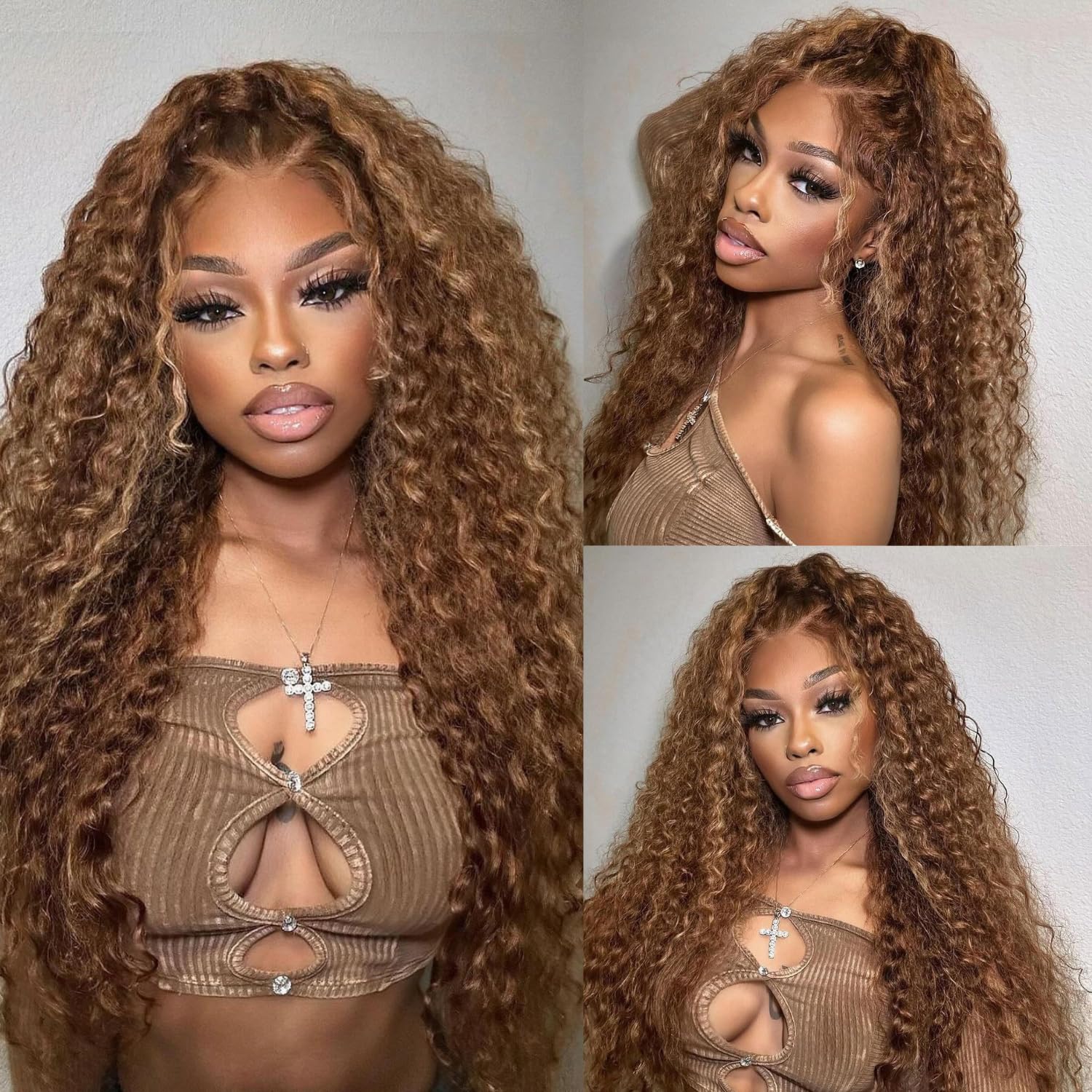 Thumbnail 6 de AAKJJ Deep Wave Lace Front Wig, 24 Inch, 200% Density with 4/27 Highlight Ombre, Glueless 5x5 HD Lace Closure