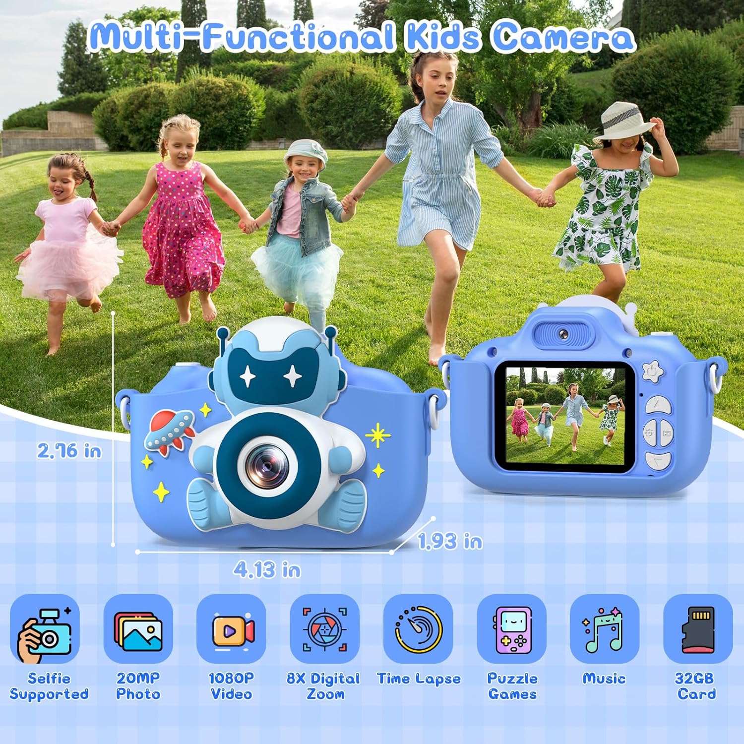 Thumbnail 1 de Gofunly Kinderkamera 1080P mit 2,0-Zoll-Display, Selfie & 32GB-Karte (für 3–12 Jahre) – Blau