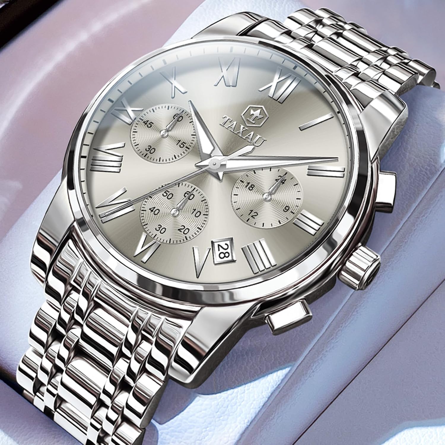 Detalle 2 de Taxau Multifunktions-Chronograph für Herren aus Edelstahl mit römischem Zifferblatt