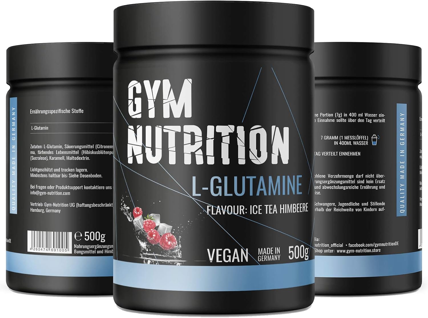 Detalle de Ultrareines L-Glutamin Pulver extra hochdosiert (500 g) – vegan, laborgeprüft – Eistee Himbeere