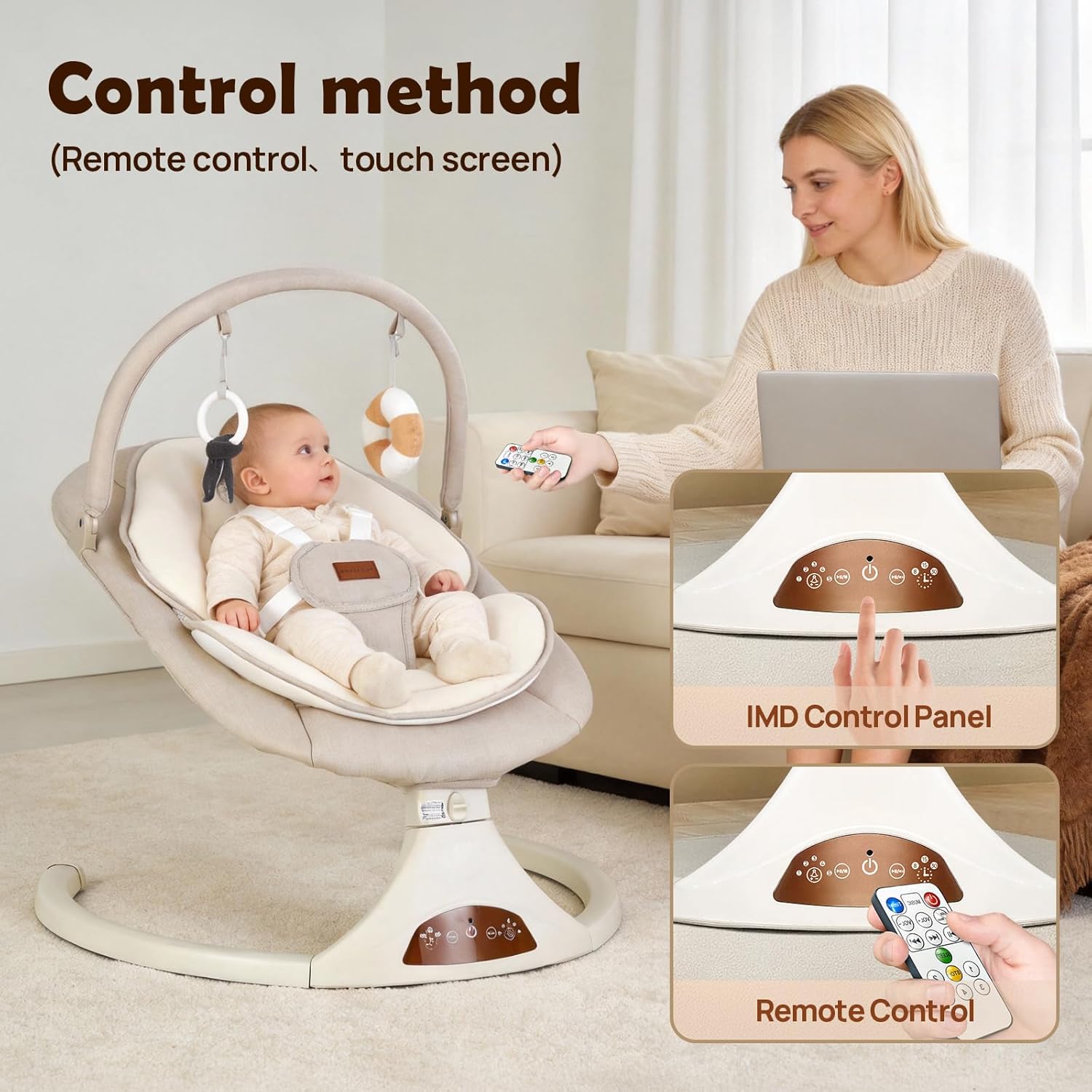 Thumbnail 3 de Viriwebaby XJD001-Beige Infant Swing, 5 Speeds, Bluetooth and Timer
