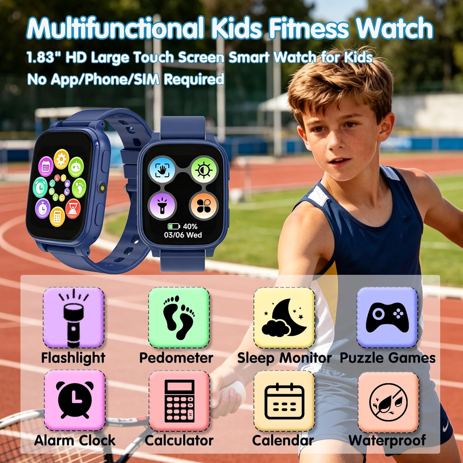 Detalle de Tzzulsx Kids Smart Watch: Standalone 1.83" HD Display, IP68, 18 Games & Health Tracking