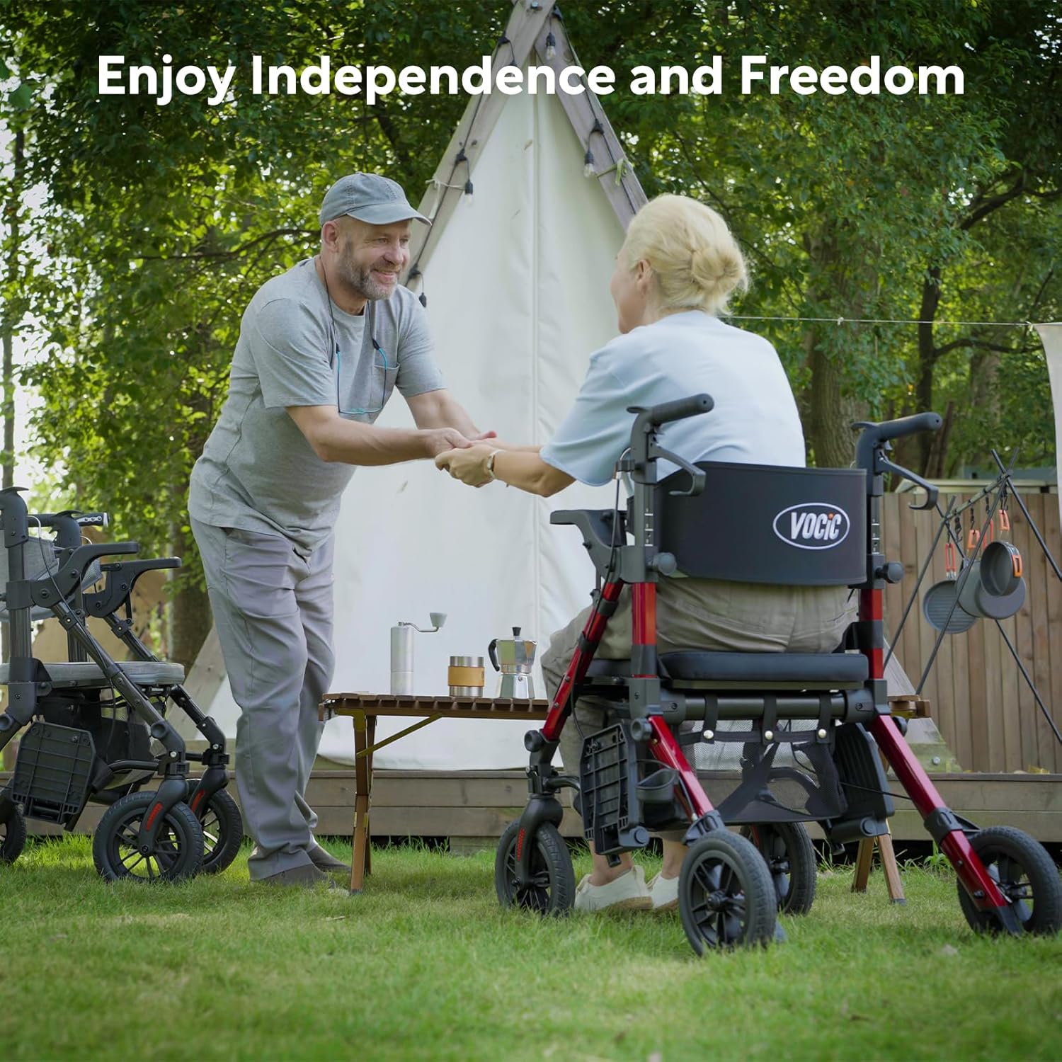 Thumbnail 6 de VOCIC 2-in-1 Rollstuhl Rollator: faltbar, leicht, mit Sitz, Outdoor-Gummireifen – Aluminium, bis 136 kg