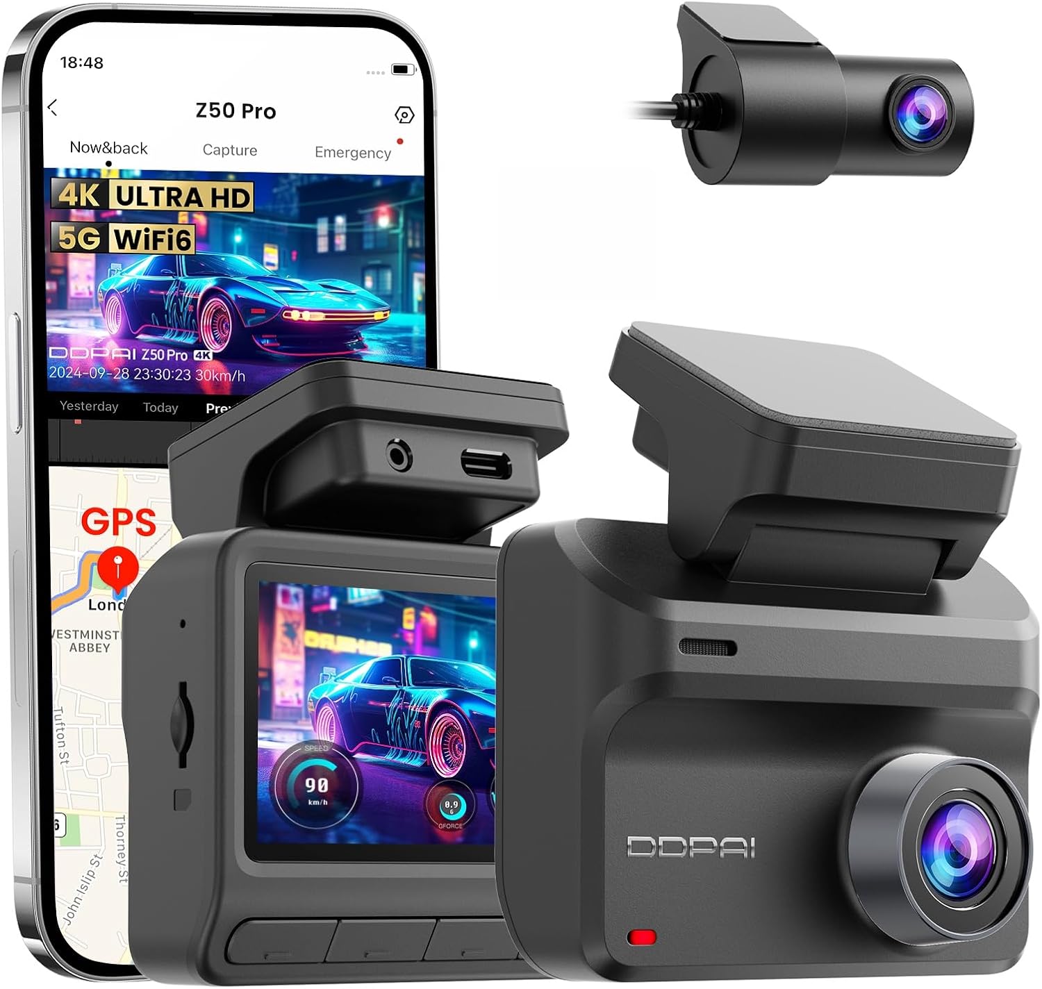 DDPAI Z50 Pro Dashcam Voiture Avant Arrière : 4K + 1080p, WiFi 6 et Vision Nocturne IA