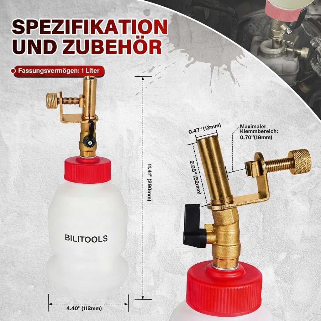 Thumbnail 3 de BILITOOLS Bremsflüssigkeitsbehälter 1L – automatische Nachfüllflasche für Bremsenentlüftung (KFZ & Motorrad)