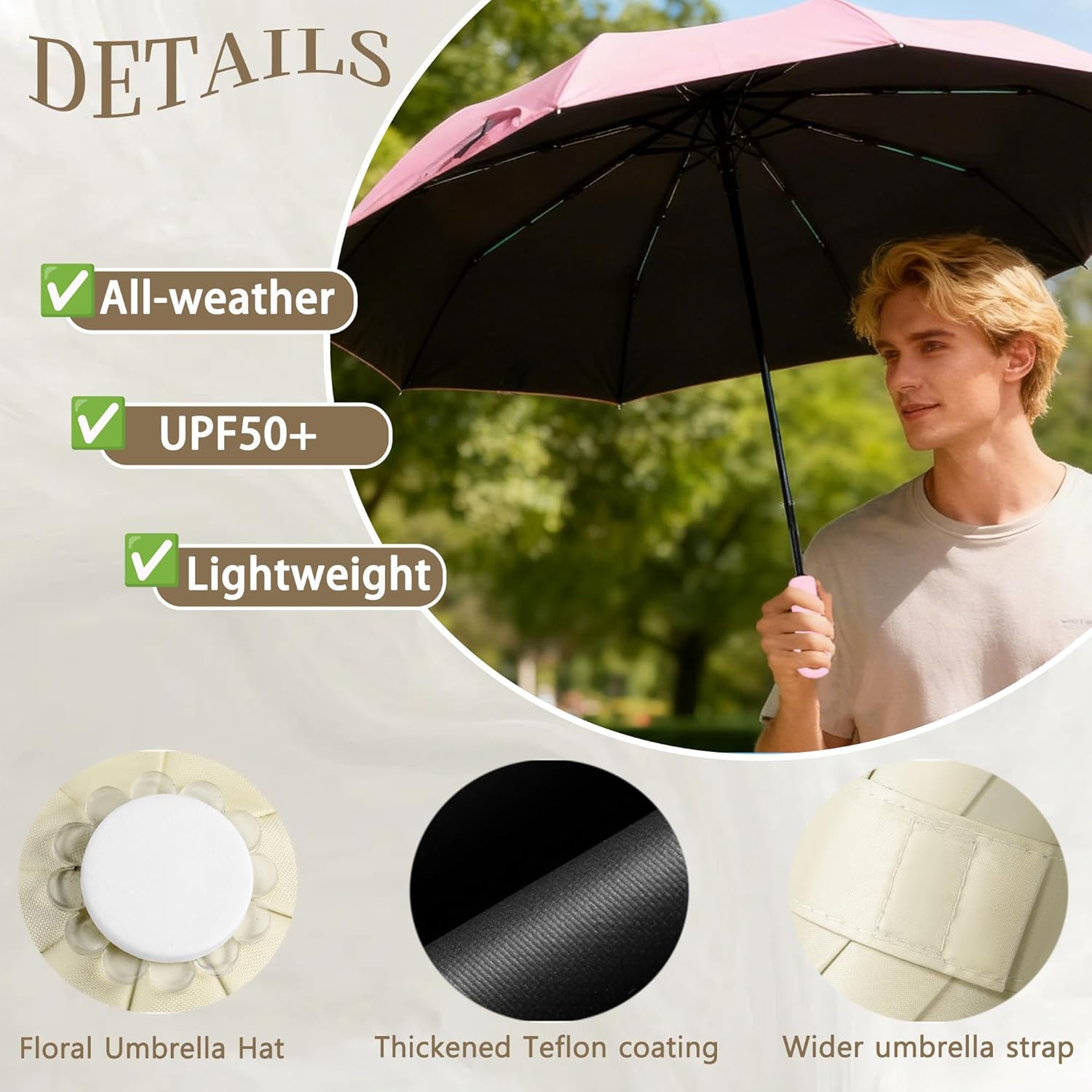 Thumbnail 5 de Ring Carabiner Handle Auto Open/Close Folding Travel Umbrella with UPF 50+ Teflon Coating