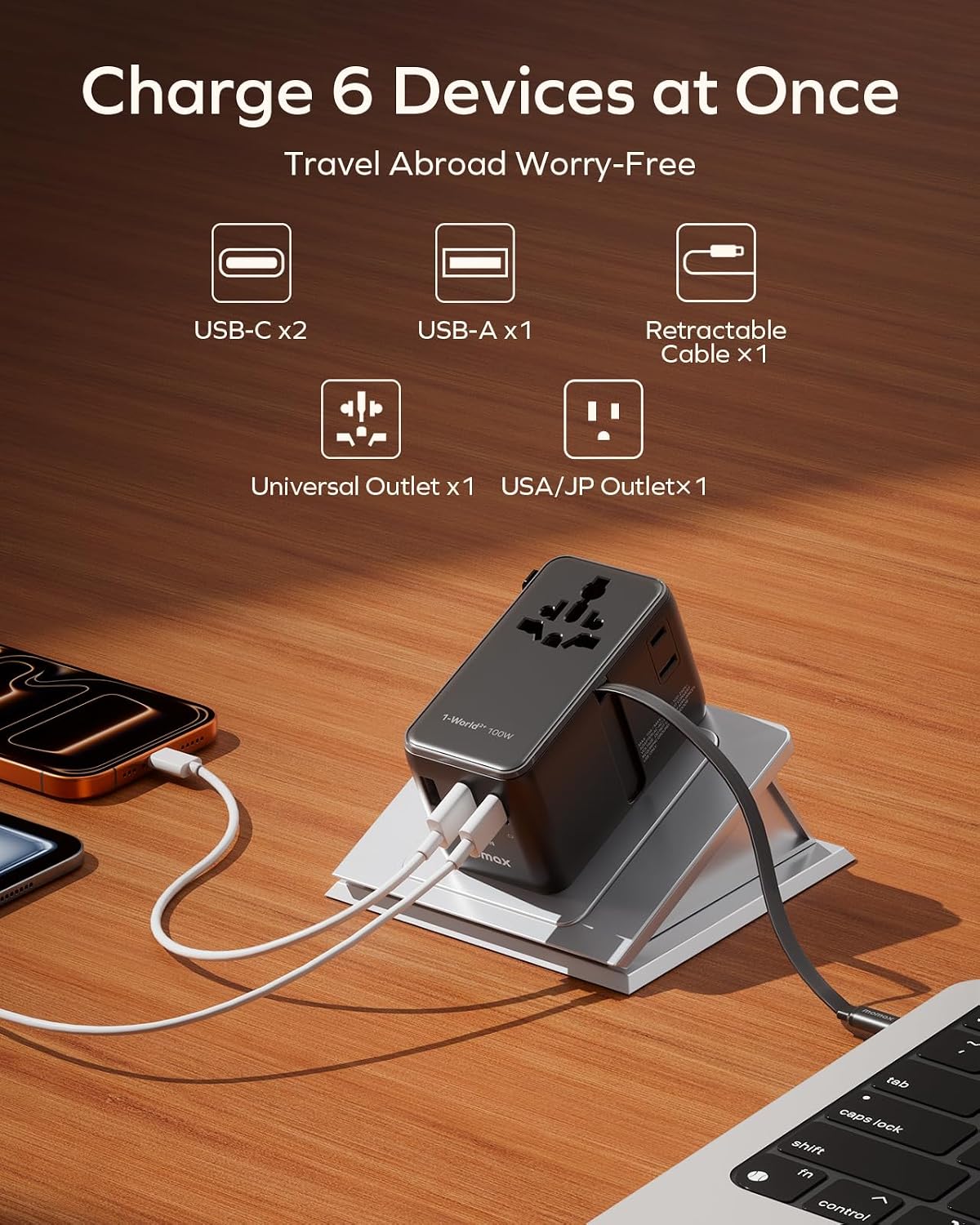 Detalle de Momax Universal Travel Adapter with Cable (100W GaN) – World-wide Plug Adapter for 200+ Countries