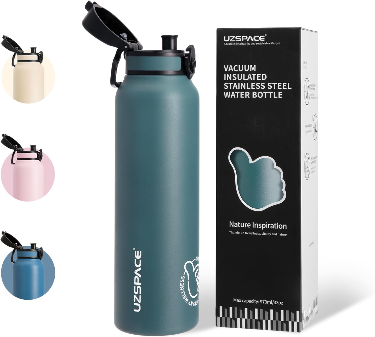 Detalle de UZSPACE Stainless Steel Water Bottle 1L (970ml) – Double-Walled, Leakproof & Cold/Hot Insulated