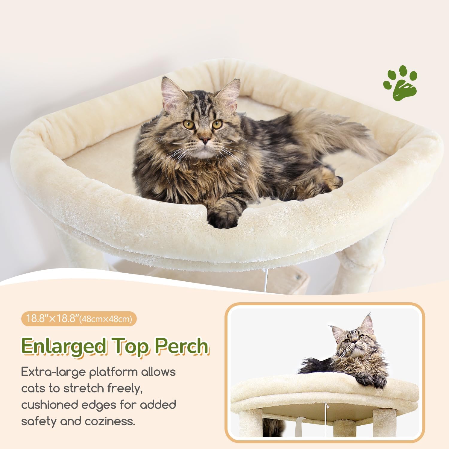Detalle de Globlazer Large Cat Tree for Indoor Cats (188 cm) – XXL Tower with Two Caves and Cushioned Platform