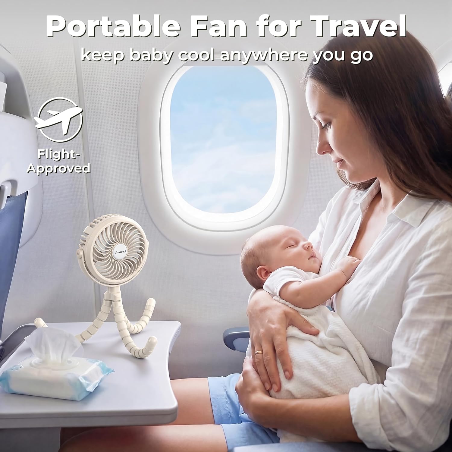 Thumbnail 6 de Amacool Pram Fan – Battery Operated Clip-On Stroller Fan with 3 Speeds, Rotatable Head & Flexible Tripod Legs (White)