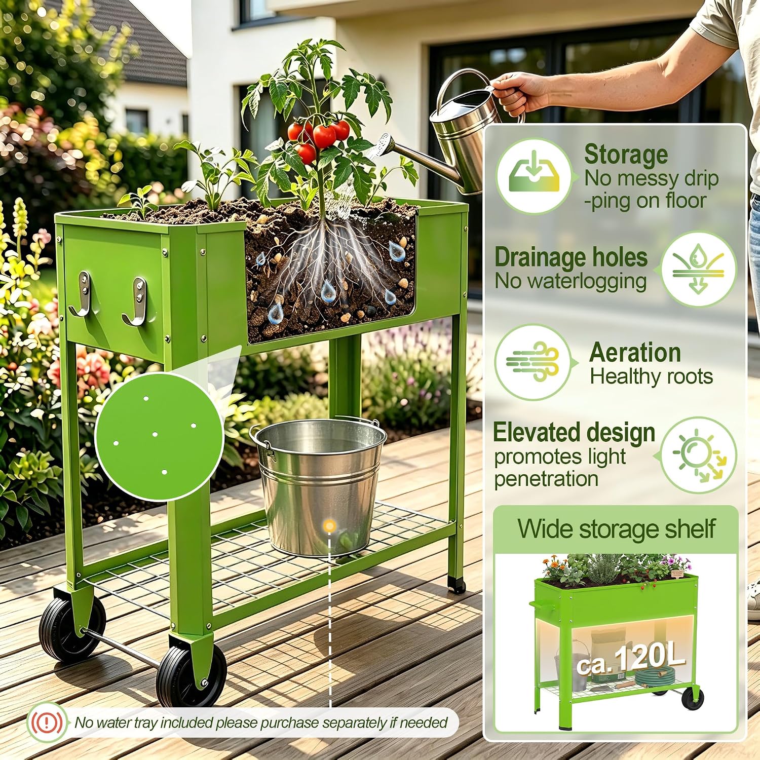 Detalle de UISEBRT Mobile Raised Bed, 56 L, 80 cm High with Wheels and Shelf