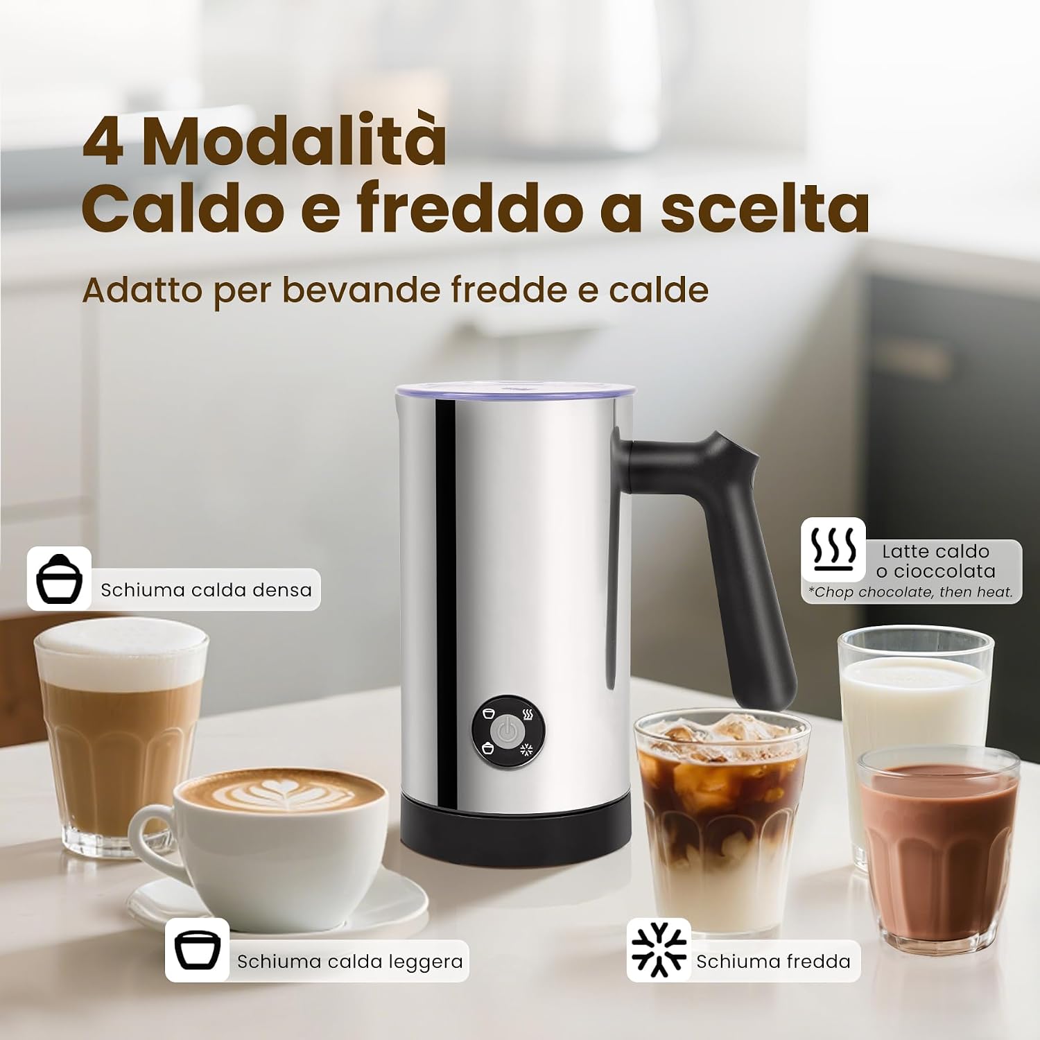Detalle de Montalatte Elettrico 4 in 1 in acciaio inox 300 ml – versatilità per capuccino, caffè e cioccolata