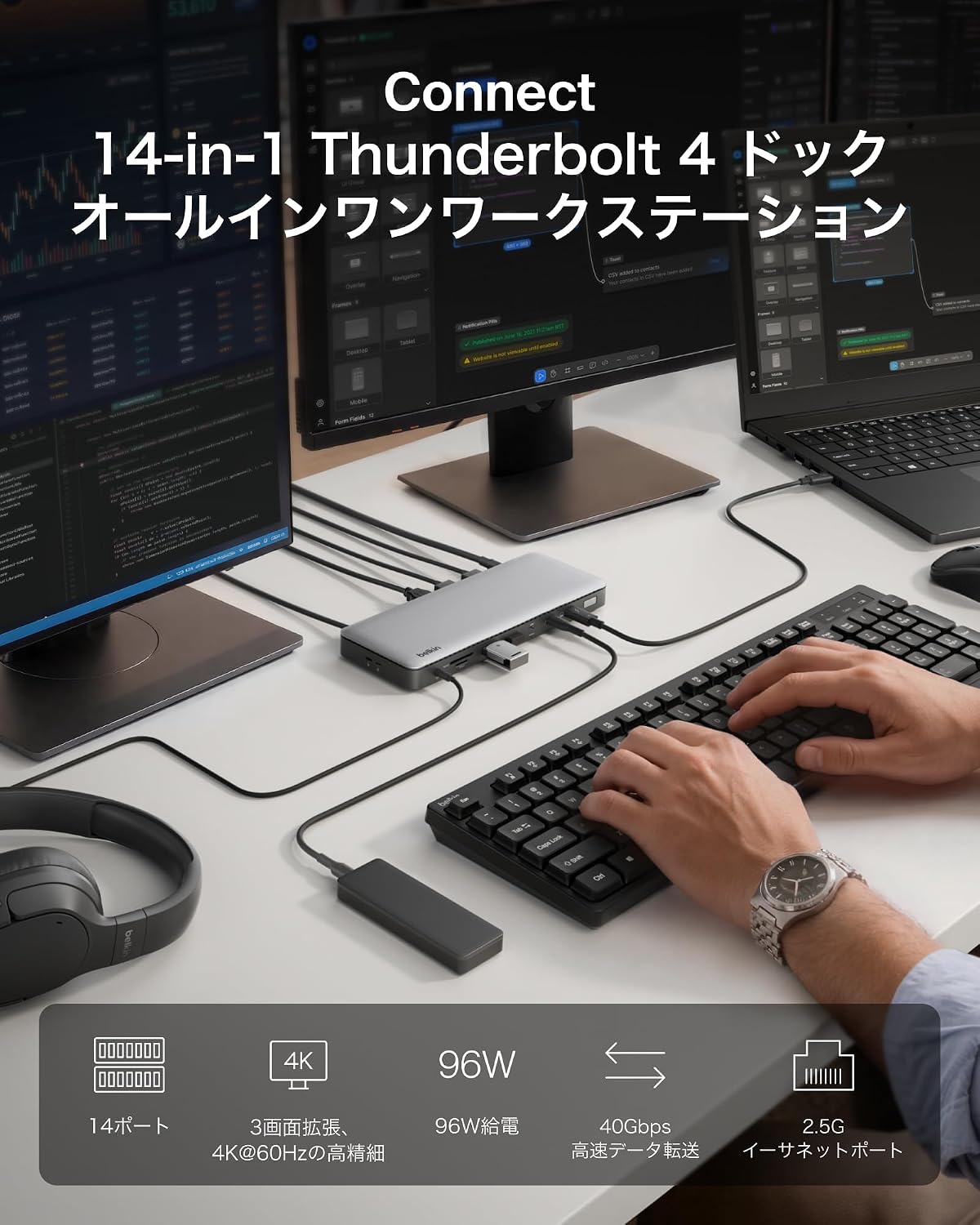Detalle de Belkin INC030qcSGY Thunderbolt 4ドッキングステーション 14-in-1・最大96W給電・3画面出力